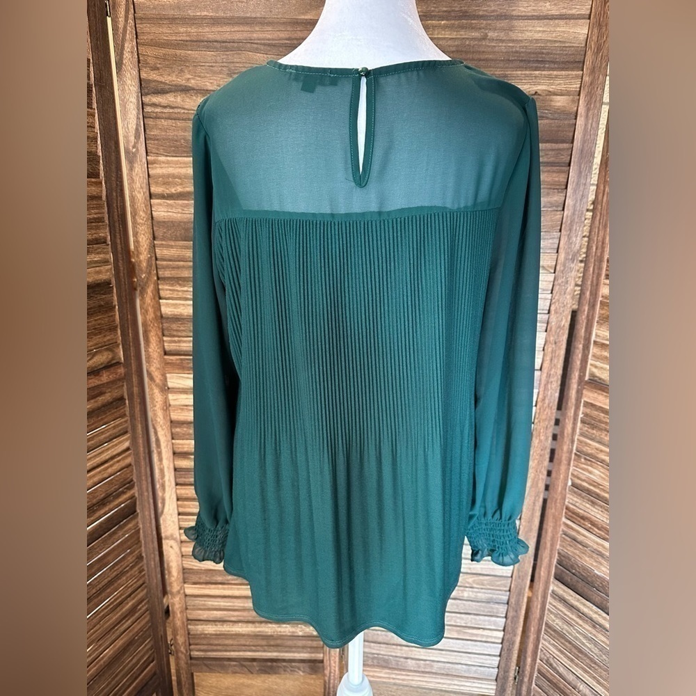 Adrianna Papell Pleated Georgette Crepe Blouse in Dark Green • Anthropologie - Picture 3 of 7